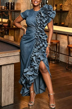 Women's Elegant Party Flounce Trim Denim Dress