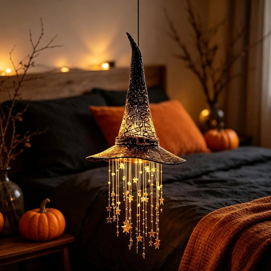 🧙‍♀️ Hanging Glowing Witch Hat with Star String Lights Magical Seasonal Decor for Halloween & Everyday Whimsy