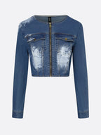 Casual Pockets Plain Crew Neck Denim Jacket