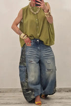 Women Patchwork Camouflage Ripped Hole Washed Casual Wide Leg Jeans
