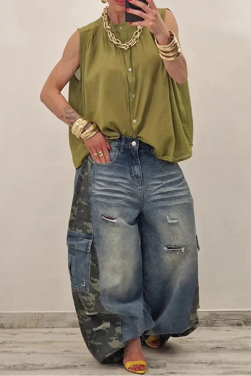 Women Patchwork Camouflage Ripped Hole Washed Casual Wide Leg Jeans