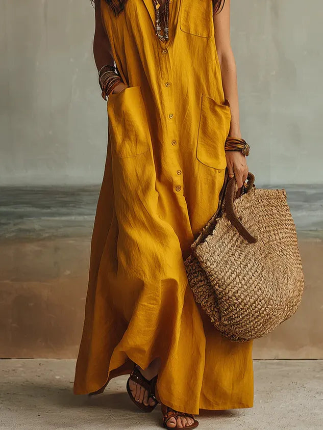 Cotton And Linen Casual Plain Split Joint Buttoned Pockets Maxi Dress
