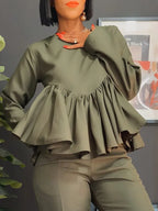 Casual Plain Ruched Crew Neck Blouse