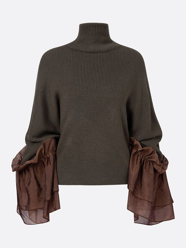 Casual Color Block Turtleneck Sweater with Sheer Ruffle Cuffs