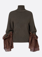 Casual Color Block Turtleneck Sweater with Sheer Ruffle Cuffs