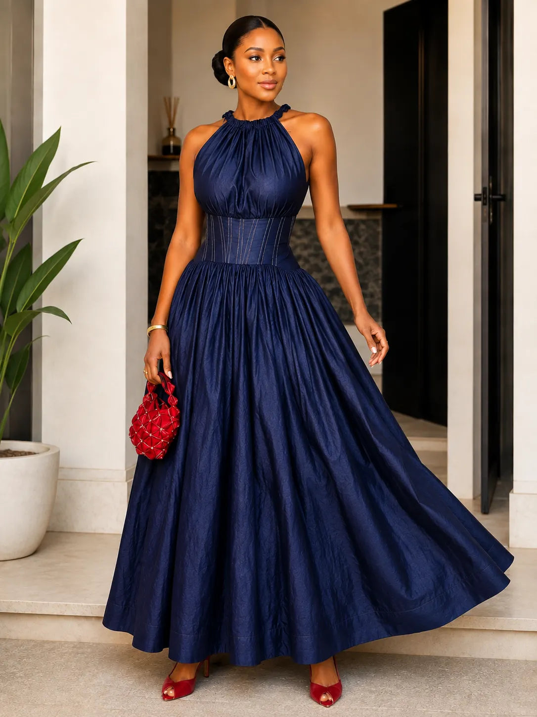 Dark Denim Halter Corset Waist Maxi Dress
