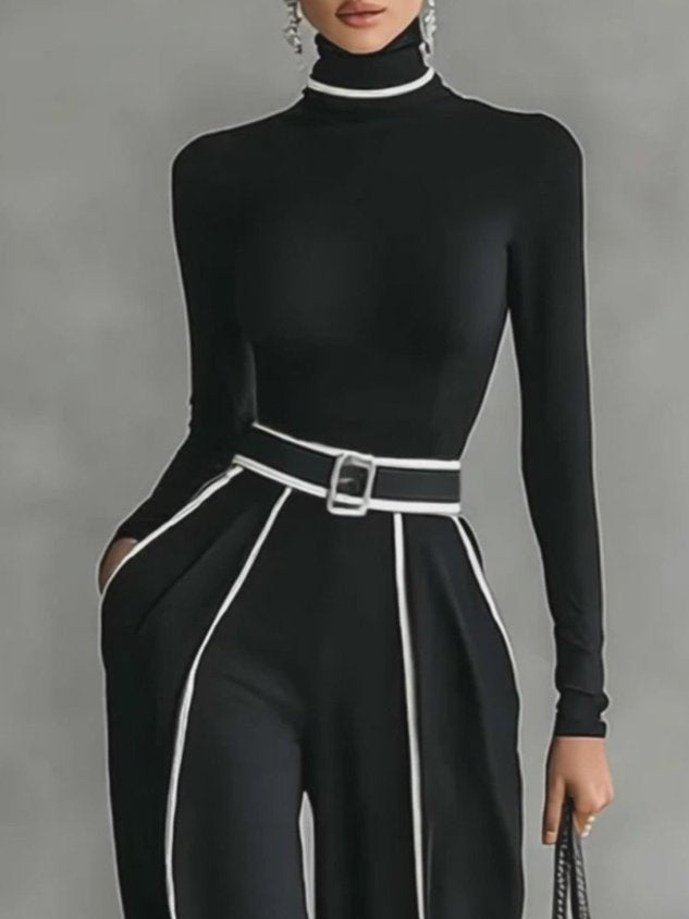 Casual Color-Block Turtleneck Tee