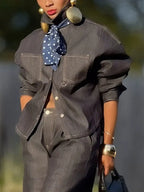 Casual Plain Shirt Collar Denim Shirt