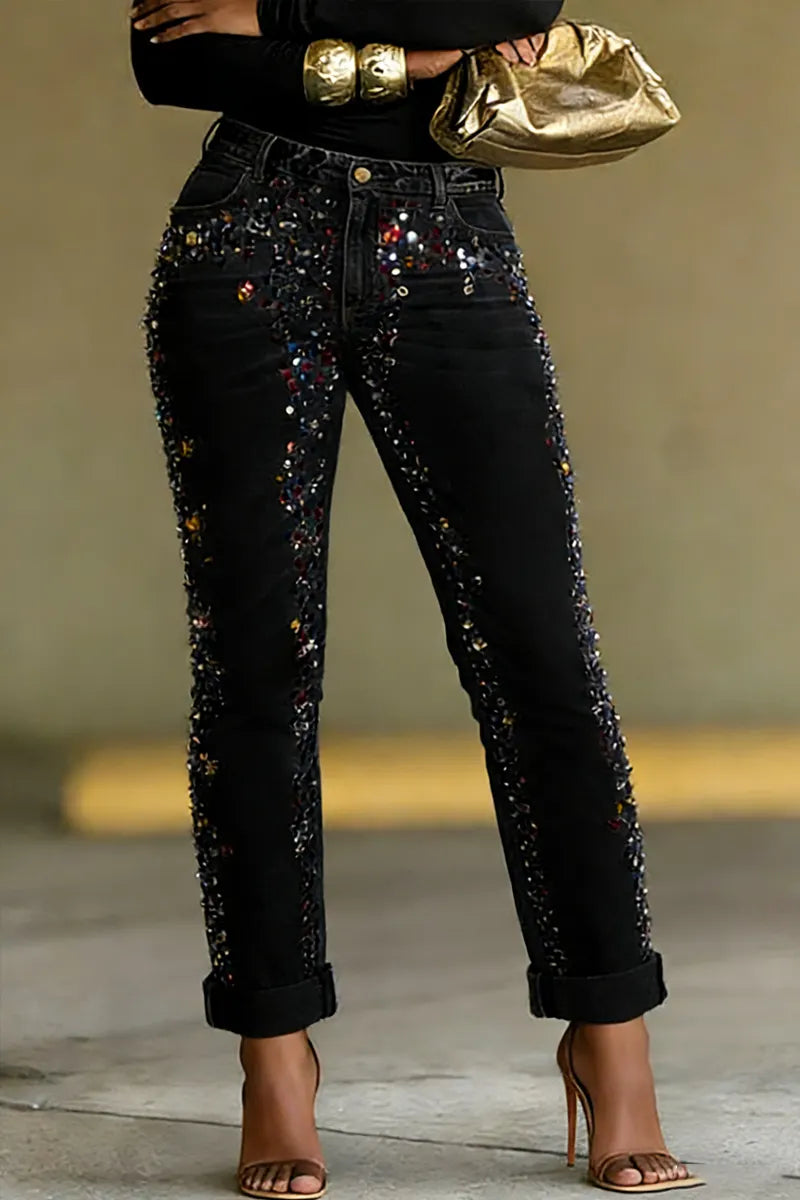 Women's daily blue casual perforated pocket denim jeans