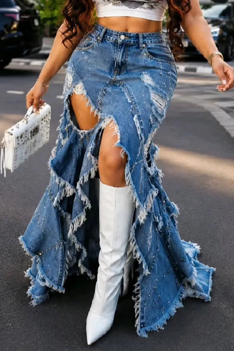 Women Sparkly Rhinestone Ripped Denim Maxi Skirt Multi Layer Fringe Asymmetrical Raw Edge Train Skirt