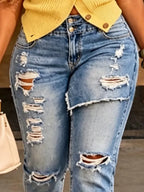 Casual Ripped Solid Slim Fit Capri Jeans