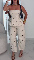 Women's Polka-Dot Strapless Top & Cropped Wide-Leg Pants Two-Piece Set