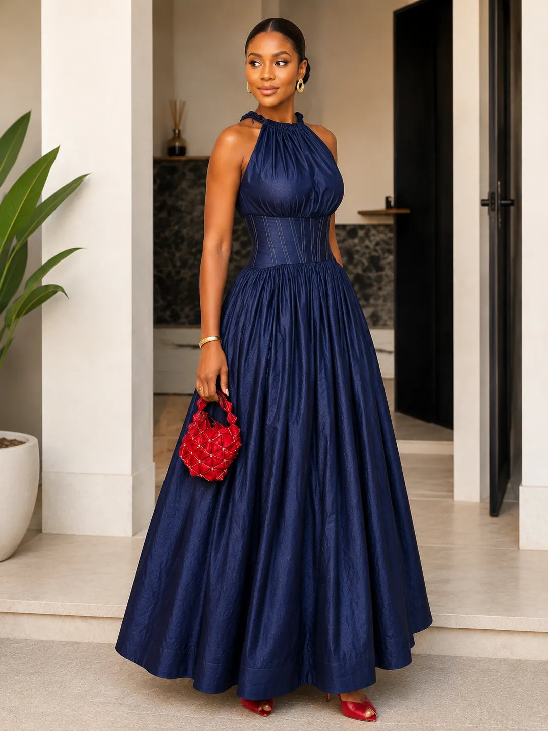 Dark Denim Halter Corset Waist Maxi Dress