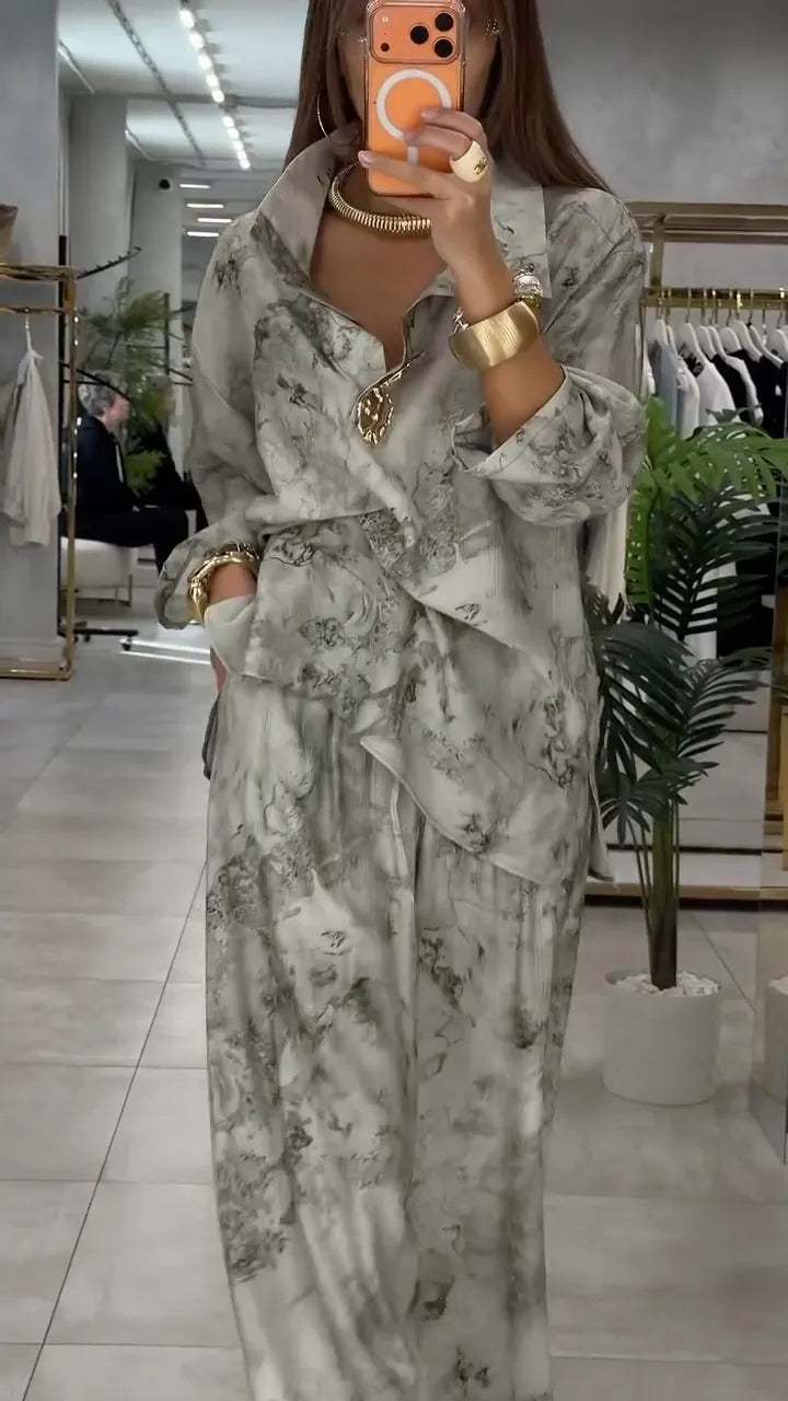 Print Oversized Shirt & Wide Leg Pants Co-Ord Set