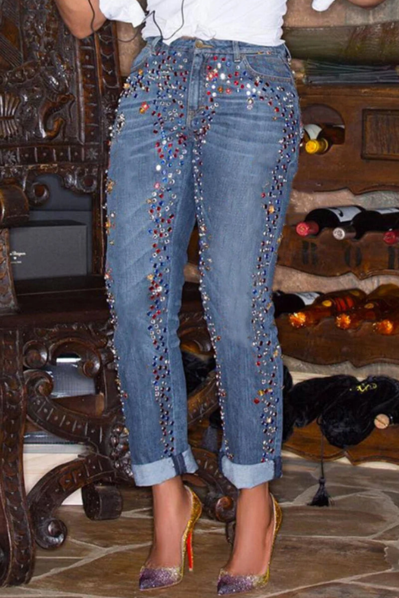 Women's daily blue casual perforated pocket denim jeans
