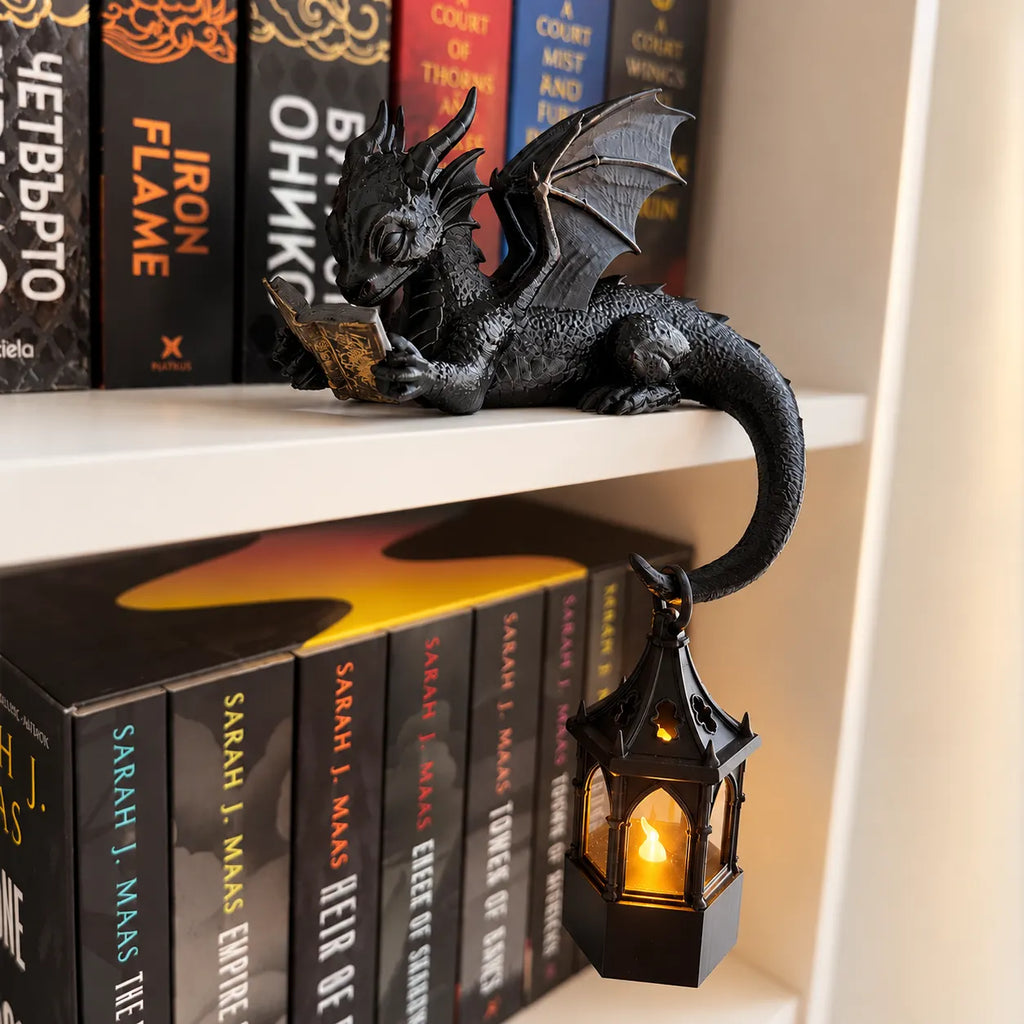 Reading Dragon Shelf Decor with LED Lantern