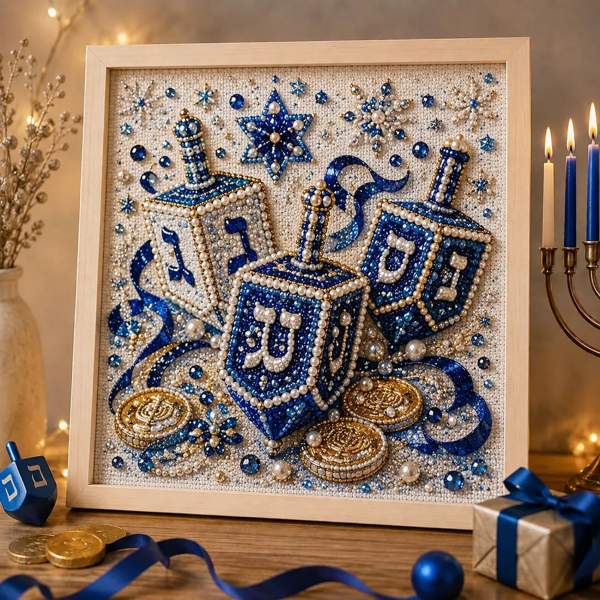🕎 Premium 3D Pearl Hanukkah Art Kit | Luxury Flocked Canvas with Scratch-Resistant Non-Fading Acrylic Resin Pearls & Faceted Drills DIY Festival of Lights Decor 💙✨