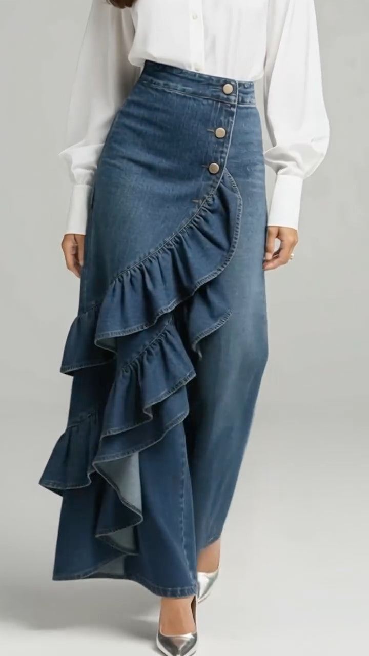 Asymmetrical Ruffle Denim Wide Leg Pants