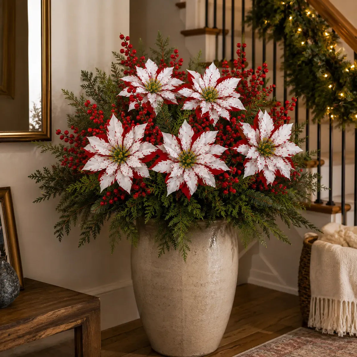 🎄Christmas Poinsettia Planter Inserts – Set of 6 Red & White Holiday Floral Picks