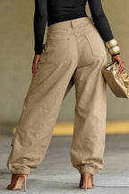 Women Oversized Asym Overlay Cargo Joggers Leather Patch Waistband Elastic Cuff Baggy Pants
