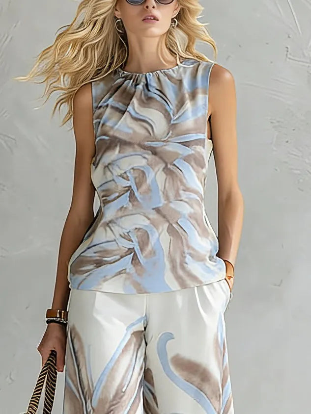 Vacation Botanical Pattern Printing Crew Neck Tank Top