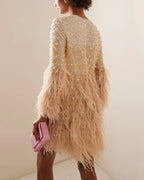 Feathered-Trimmed Embroidered-Silk Mini Dress