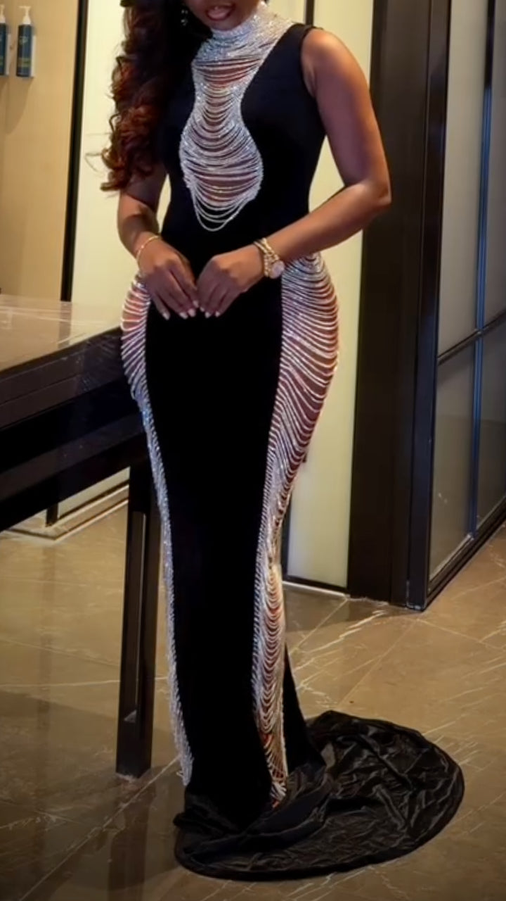 Black Velvet Crystal Fringe Mermaid Gown
