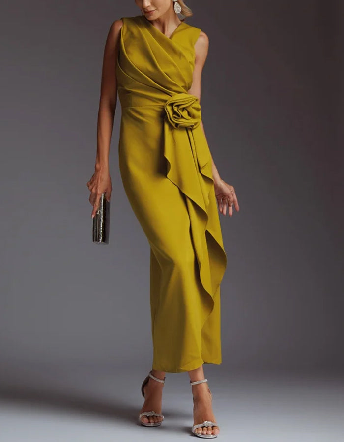 Solid Color Irregular 3D Flower Midi Dress
