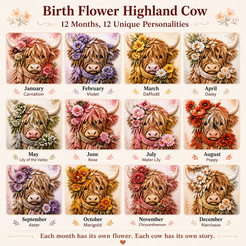 Birth Flower Highland Cow 3D Layered Fabric Art DIY Kit | Complete Kit Included ✂️ Pre-Cut Pieces • Glue or Stitch Your Way • Create a Cozy 3D Highland Cow Decor 💕