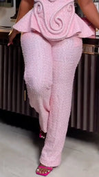 Halter Neck 3D Embroidery Peplum Top + Wide Leg Pants