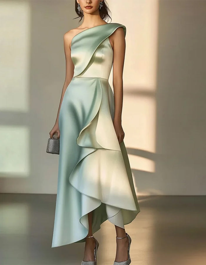 Mint Green One-Shoulder Satin Gown With Asymmetric Ruffle