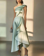 Mint Green One-Shoulder Satin Gown With Asymmetric Ruffle