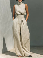 Cotton Casual Plain Wide Leg Pants