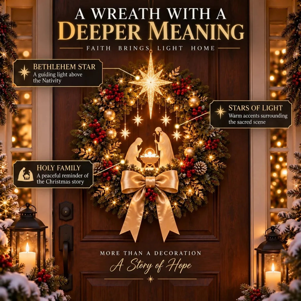 🕊️ Lighted Nativity Christmas Wreath – Star of Bethlehem Front Door Decor ✨