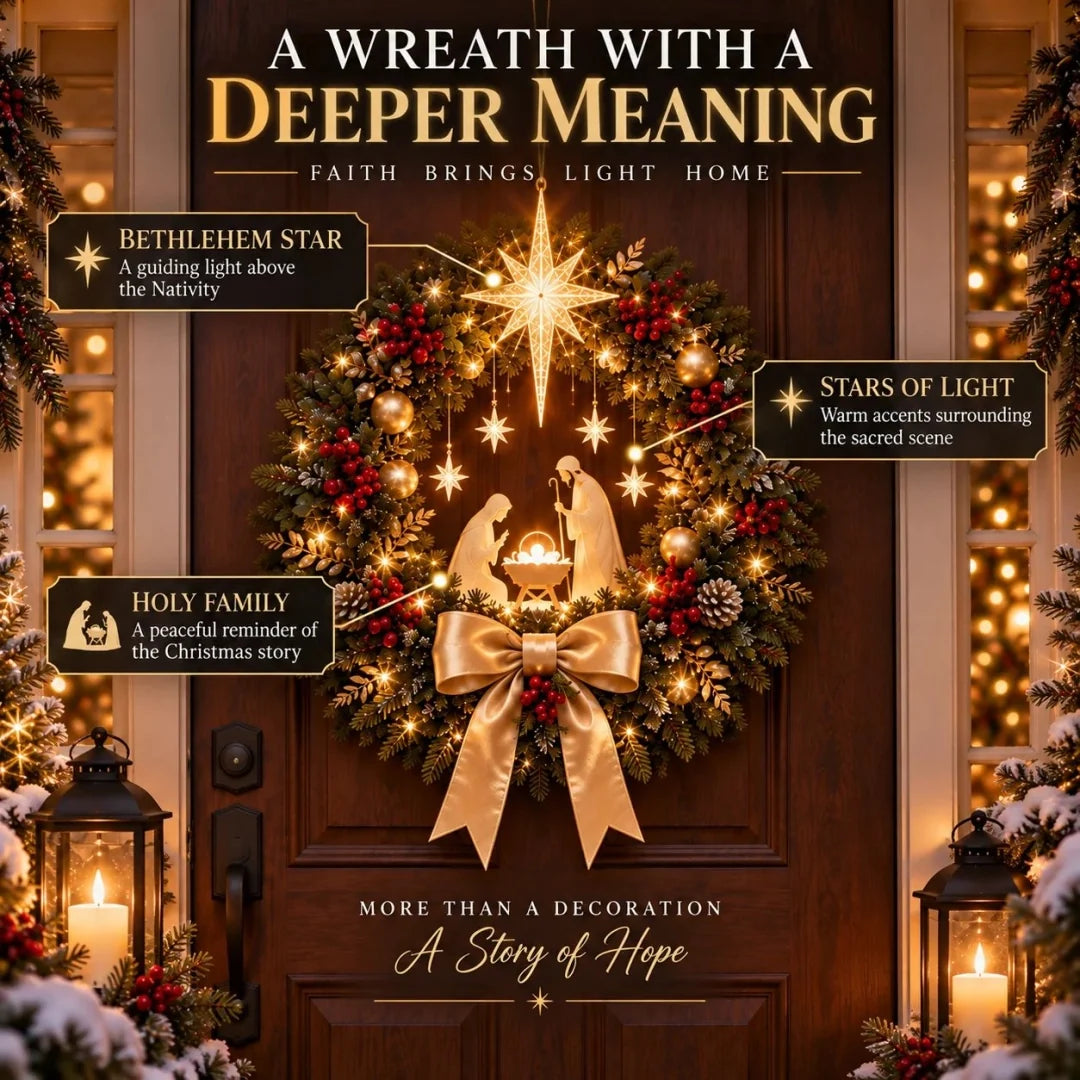🕊️ Lighted Nativity Christmas Wreath – Star of Bethlehem Front Door Decor ✨