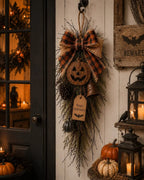 🎃🍂 Rustic Halloween Pumpkin Door Swag – Plaid Bow & Bell Hanging Décor