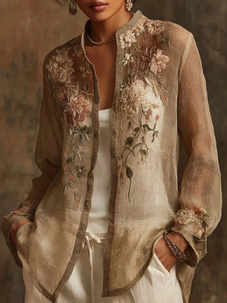 Women's Bohemian Floral  Linen Shirt