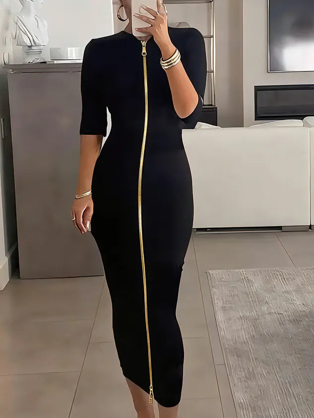 Elegant Solid Slim Fit Midi Dress