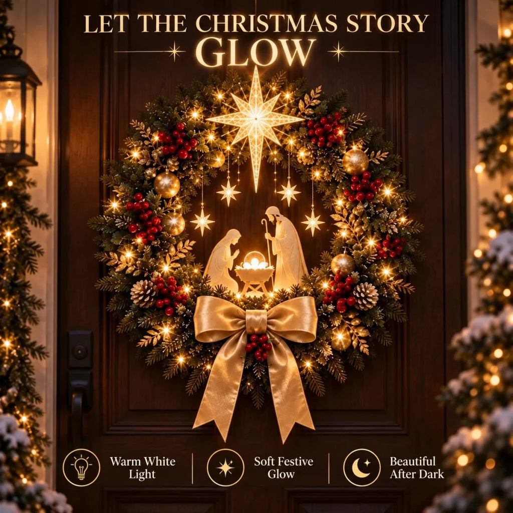 🕊️ Lighted Nativity Christmas Wreath – Star of Bethlehem Front Door Decor ✨