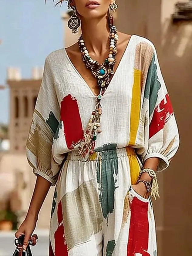 Casual Abstract Printing V Neck Blouse