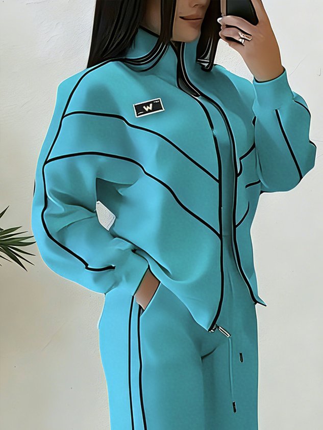 Casual Color Block Blazer Loose Stand Collar H-Line Daily Jacket