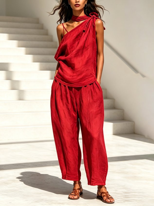 Linen Casual Plain Distressing Baggy Pants