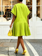 Cotton Crew Neck Pleated Knee-Length Casual Dress