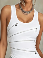 Casual Plain Zipper Crew Neck Tank Top