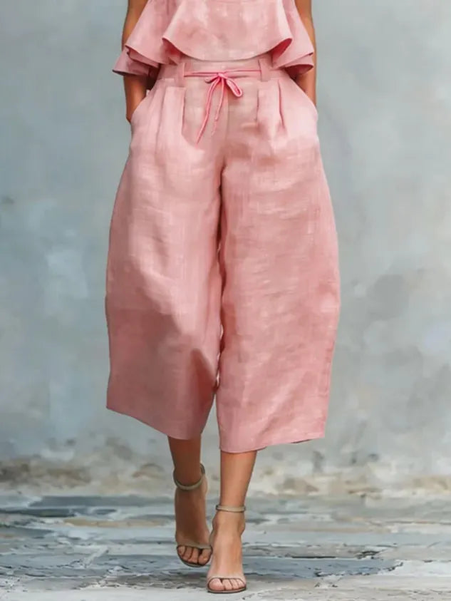 Casual Solid Relaxed Cropped Lace-up Wide Leg Pants