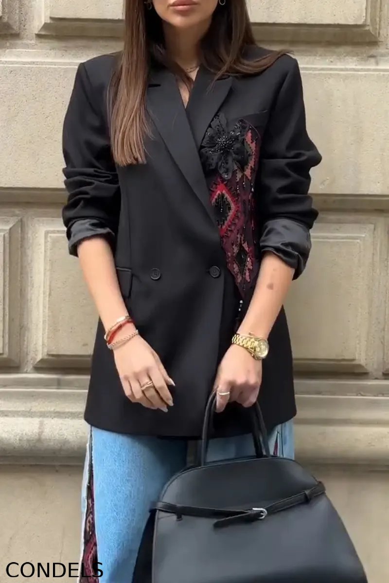Women Collar Patchwork Floral Jacket or Patchwork Printed Jeans