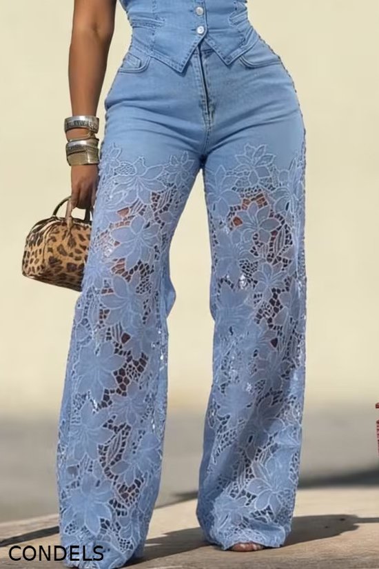 Women's Elegant V Neck Denim Top & Lace Panel Jeans