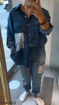Women's Collar Patchwork Denim Shirt + Patchwork Sequined Jeans