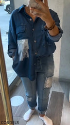 Women's Collar Patchwork Denim Shirt + Patchwork Sequined Jeans