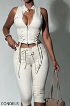Women's Fashion Tie Zipper Denim Vest & Cropped Jeans